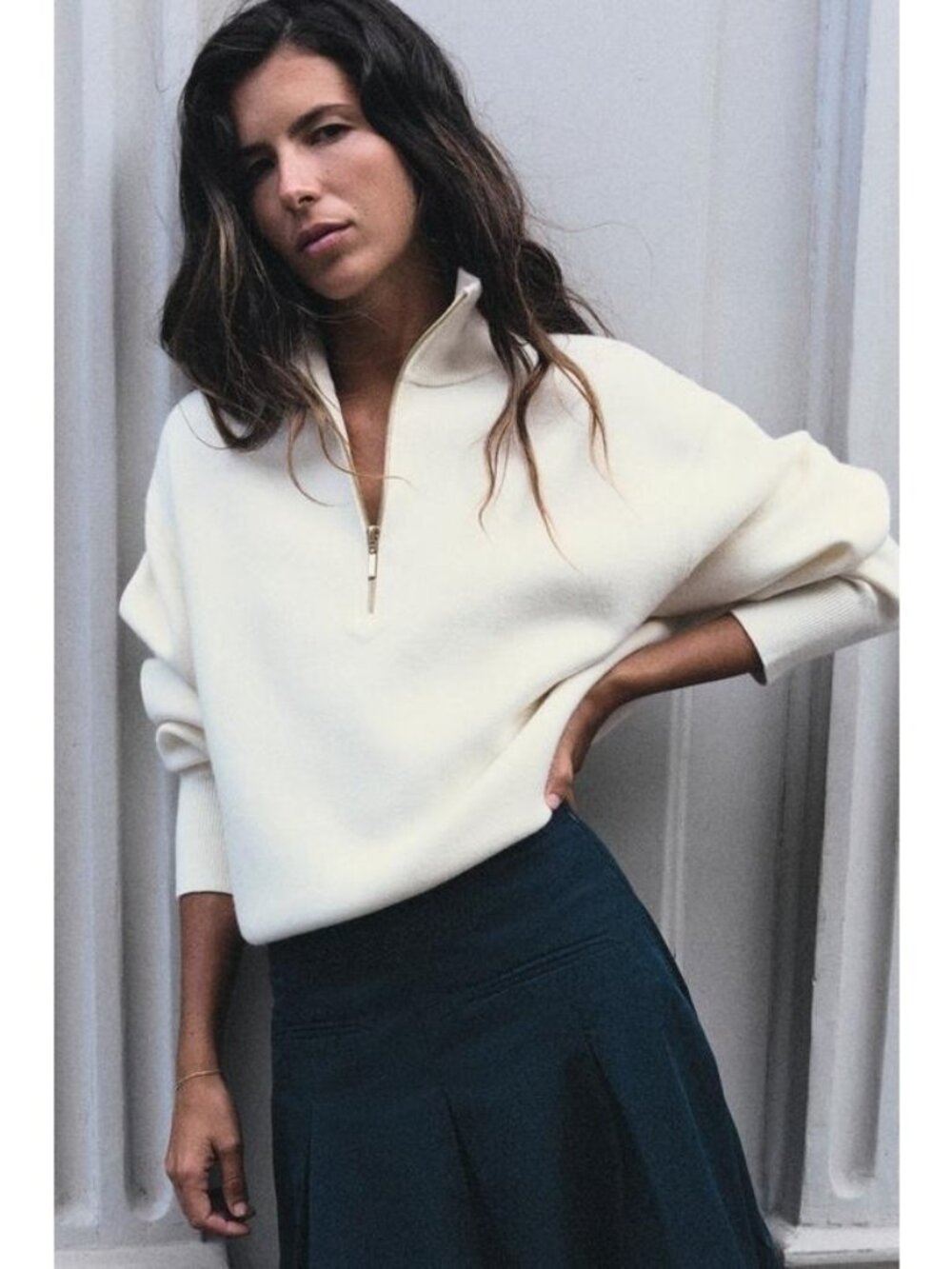 DKNY Women Half-Zip Boxy Oversized High Neck Turtleneck Sweater XL Classic Cream